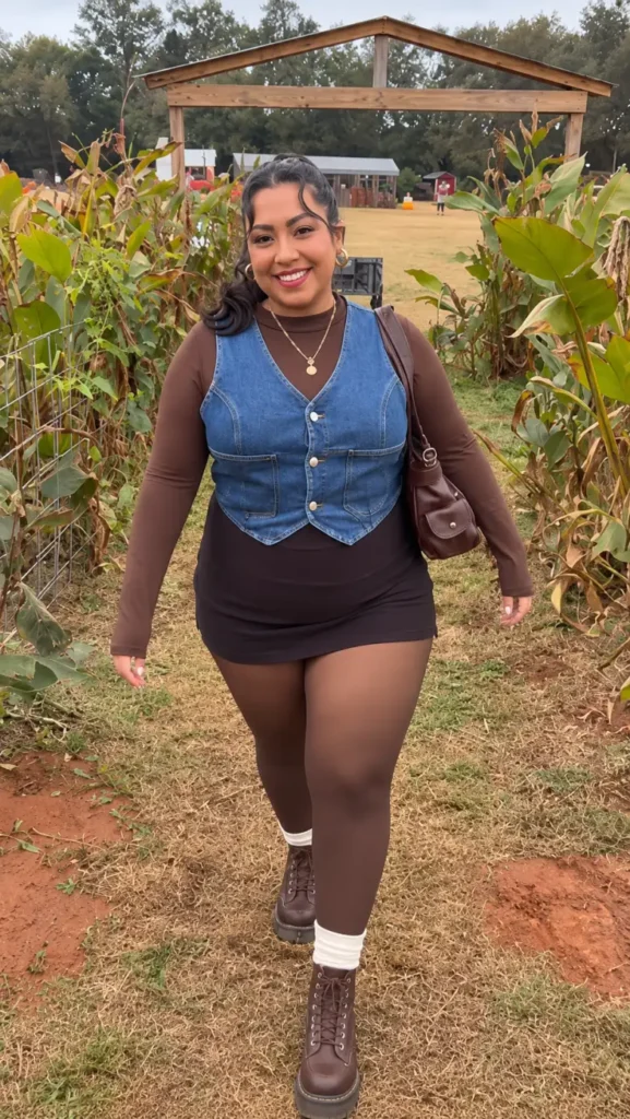 Plus size woman wearing a chocolate brown mini dress with a blue denim vest, brown tights, white socks, and chunky lace-up boots for fall.