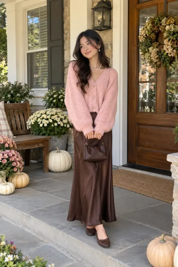 Asian teen girl wearing a powder pink chunky cardigan, chocolate brown satin maxi skirt, brown ballet flats, and pearl accessories for a feminine Thanksgiving outfit.