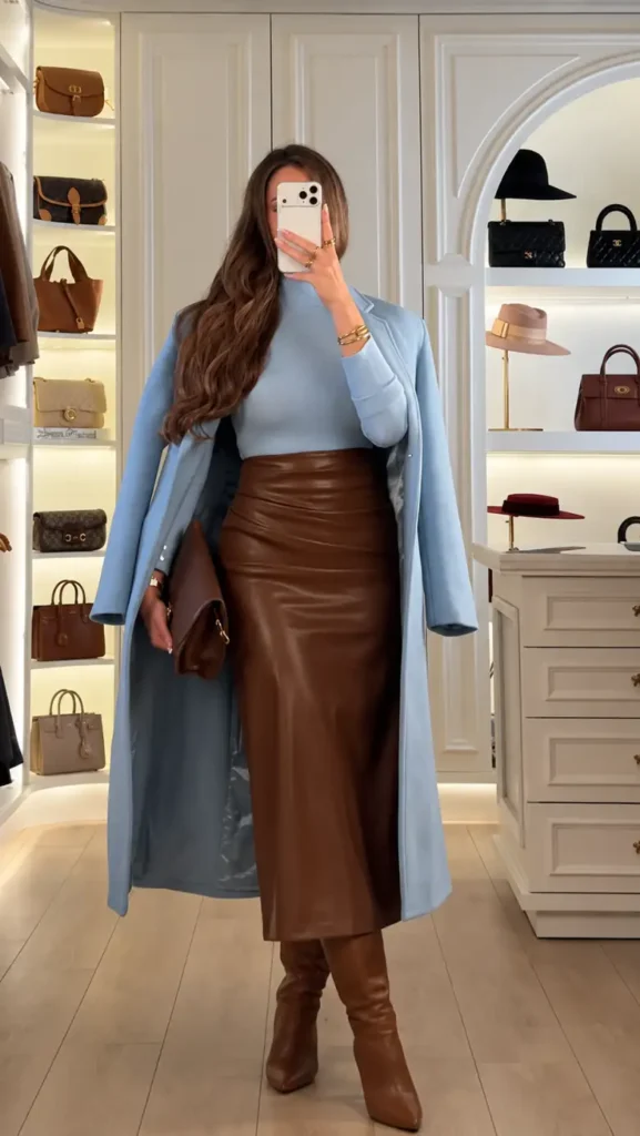 Light blue knit top and matching long coat paired with a chocolate brown leather midi skirt, brown boots, and clutch.