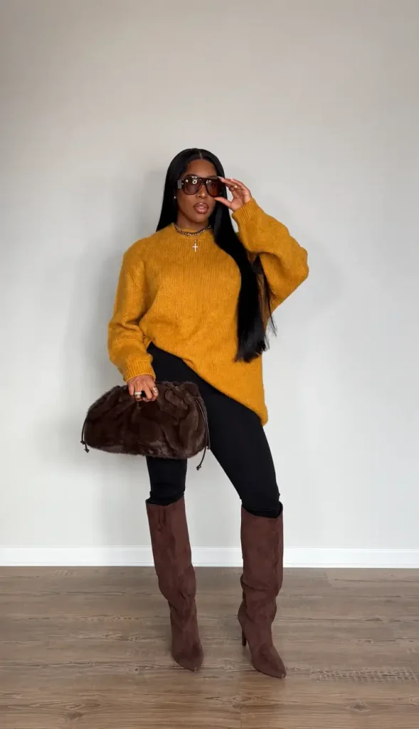 Black woman styling an oversized mustard yellow sweater with black leggings, chocolate brown knee-high boots, a furry brown handbag, and sunglasses.