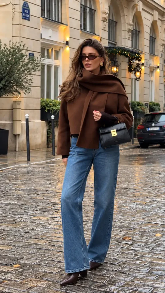Woman styling a chocolate-brown scarf coat with relaxed blue wide-leg jeans, burgundy pointed ankle boots, and a black handbag for a casual fall outfit.