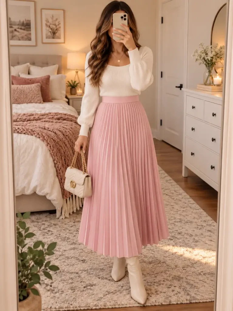 Woman wearing a blush pink pleated maxi skirt with a cream balloon-sleeve sweater, cream pointed boots, and a quilted cream chain bag for a soft Thanksgiving outfit.