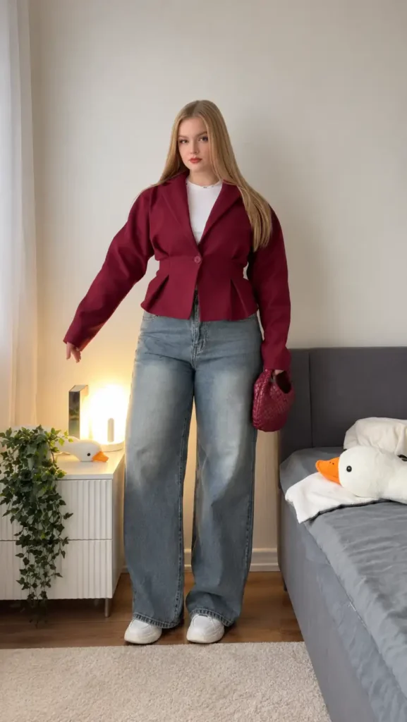 Mid size woman wearing a burgundy peplum blazer over a white top with light-wash wide-leg jeans, white sneakers, and a matching burgundy handbag.