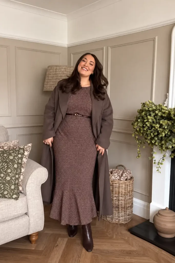 Plus size woman styling a chocolate brown polka dot midi dress with a long brown coat, slim waist belt, and burgundy pointed boots for Thanksgiving dinner.