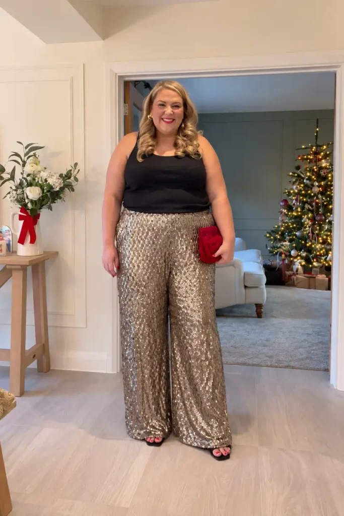 Plus-size woman styling champagne gold sequin wide-leg trousers with a black sleeveless top, red clutch, and black heels for a glamorous holiday party outfit.