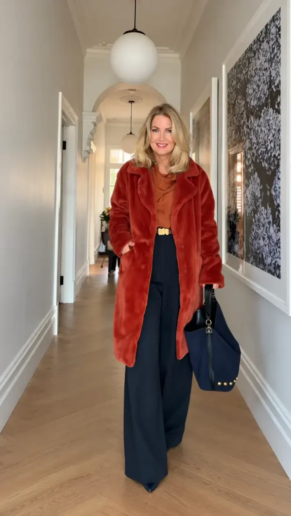 Elegant woman over 50 wearing a rust-colored plush winter coat, matching draped top, navy wide-leg trousers, and structured handbag for a classy winter look.