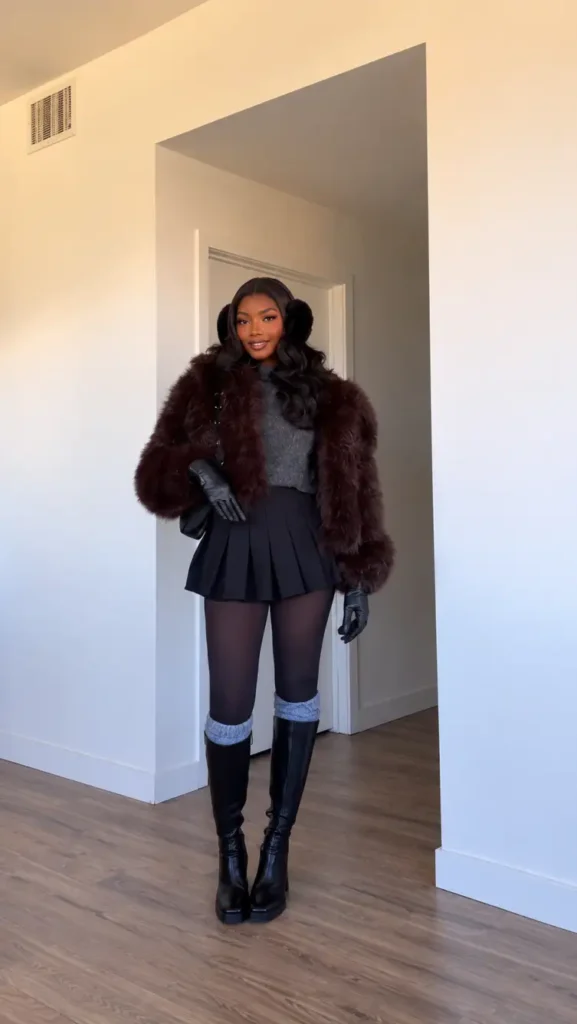 Stylish Black woman wearing a burgundy faux fur jacket over a gray sweater and black pleated mini skirt, styled with black tights, knee-high leather boots, gray socks, fluffy earmuffs, and black gloves for a trendy winter look.