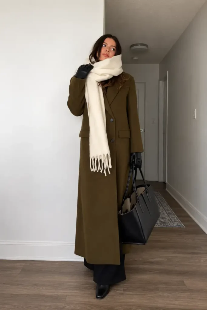 Woman wearing a long olive-green wool coat with an oversized ivory scarf, black wide-leg trousers, black leather gloves, ankle boots, and a structured tote bag for an elegant winter outfit.