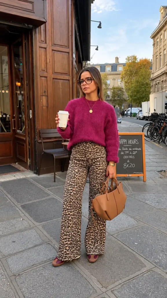Petite woman wearing a fuzzy berry pink sweater with high-waisted leopard print wide-leg trousers, a tan handbag, and retro fall shoes.