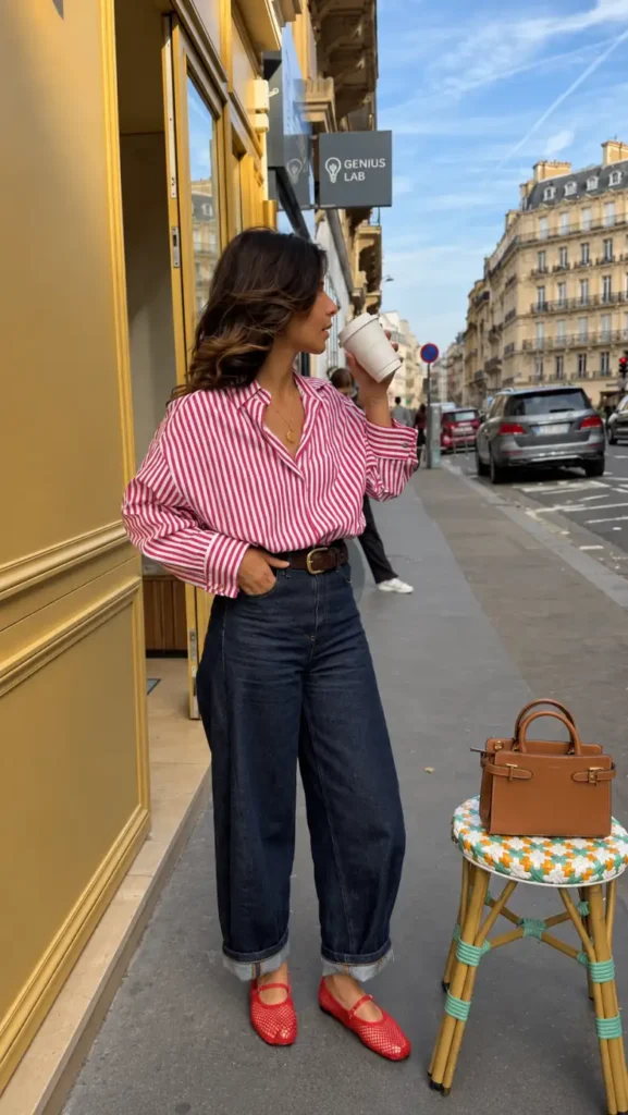 Petite woman wearing a red and white striped button-down shirt with dark cuffed wide-leg jeans, a brown belt, and red Mary Jane flats.