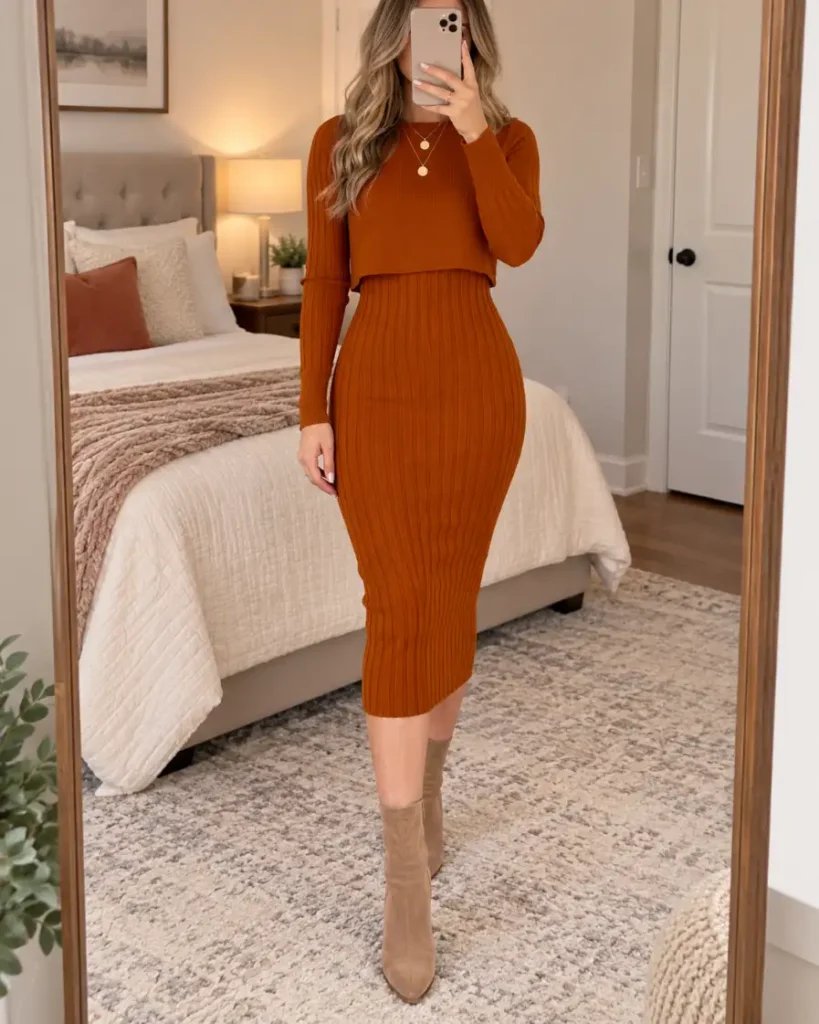 Woman wearing a rust ribbed two-piece set with a cropped long-sleeve sweater over a slim midi dress and tan suede ankle boots for a quick Thanksgiving outfit.