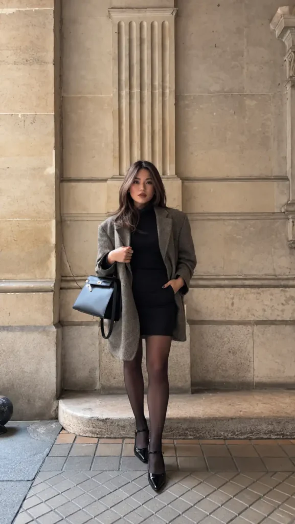 Petite woman wearing an oversized grey blazer over a fitted black turtleneck mini dress with sheer tights, pointed Mary Jane heels, and a black bag.