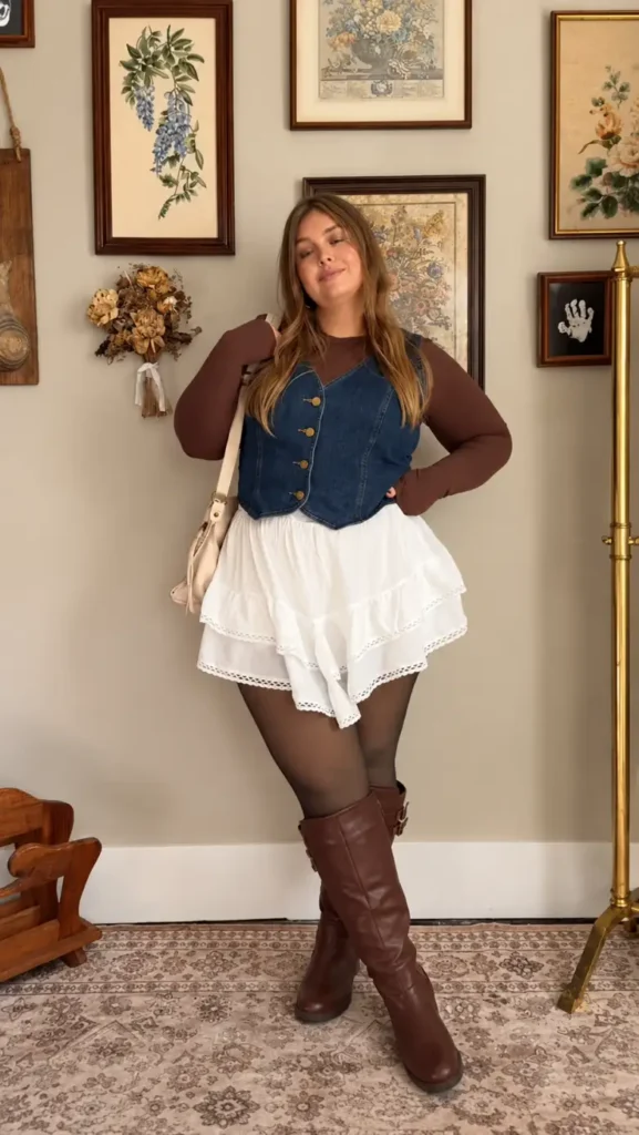Plus size woman wearing a chocolate brown top with a denim vest, white ruffle mini skirt, brown tights, and tall brown boots for fall.