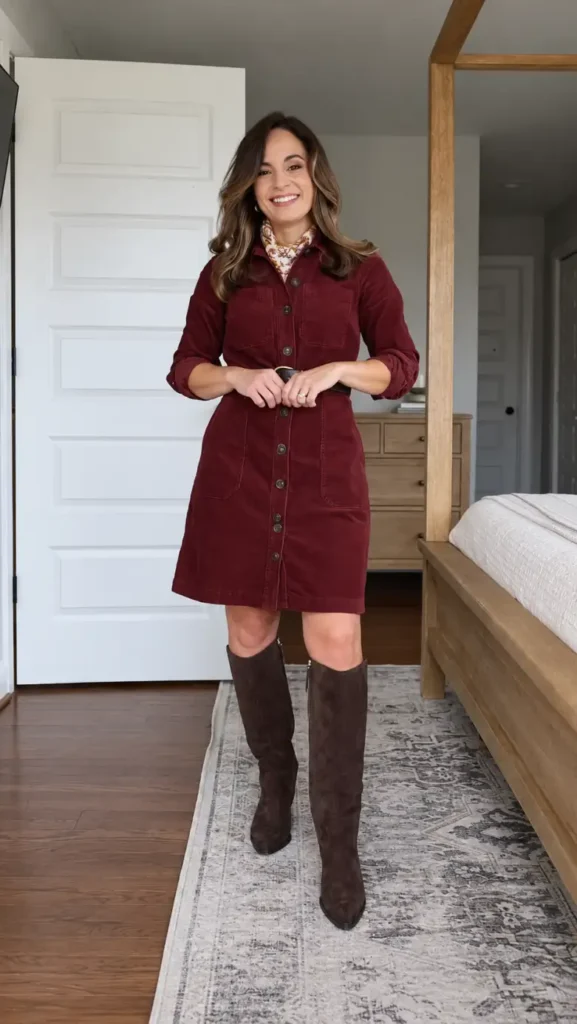 Petite woman wearing a burgundy button-front utility mini dress with a printed neck scarf, waist belt, and brown knee-high suede boots.