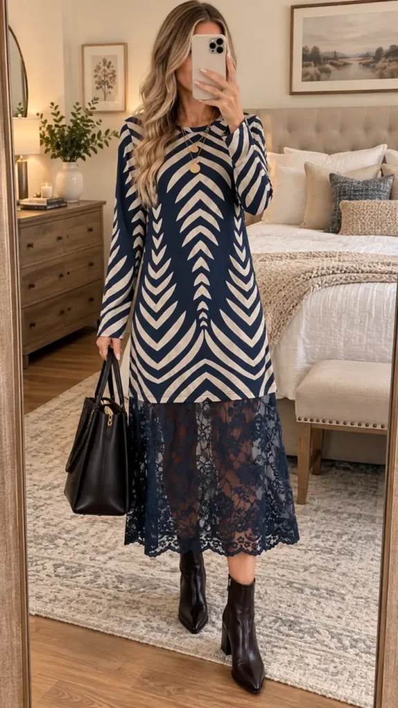 Woman wearing a navy and cream chevron print long-sleeve dress with a sheer navy lace hem, black block heel ankle boots, gold coin necklaces, and a black tote.