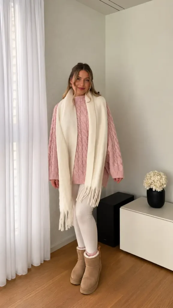 Woman wearing an oversized blush-pink cable-knit sweater with a long ivory fringed scarf, cream leggings, and tan platform shearling boots for a cute and cozy winter outfit.