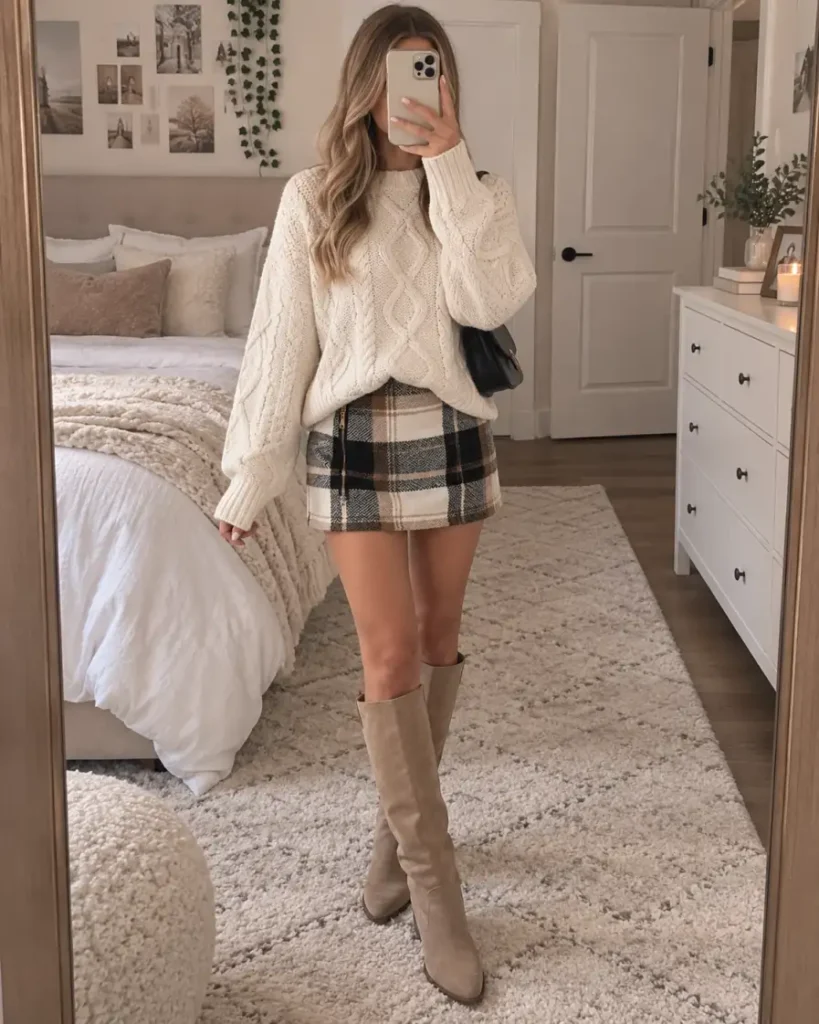 Woman wearing a chunky cream cable-knit sweater with a cream, black, and tan plaid mini skirt, taupe suede knee boots, and a small black shoulder bag.