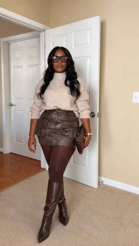 Black woman wearing an oatmeal turtleneck sweater tucked into a chocolate brown leather mini skirt with matching tights and tall brown boots.