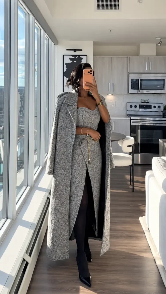 Black woman wearing a gray patterned matching top and high-slit skirt with a coordinating long coat, black tights, pointed ankle boots, and a delicate gold chain belt.