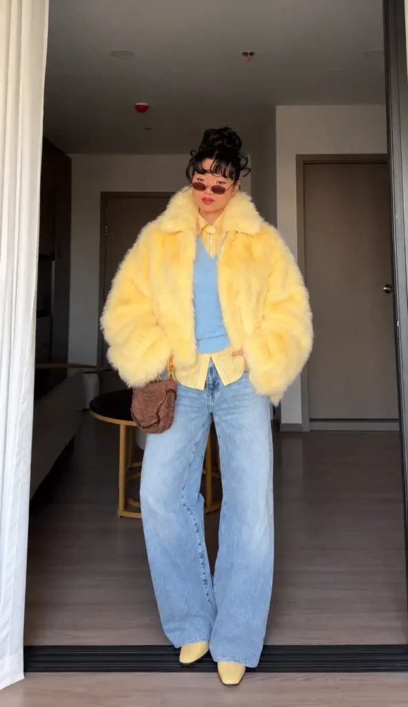 Woman wearing a fluffy butter-yellow faux-fur jacket over a powder-blue sweater vest, yellow striped shirt, light-wash baggy jeans, and yellow boots for a trendy winter look.