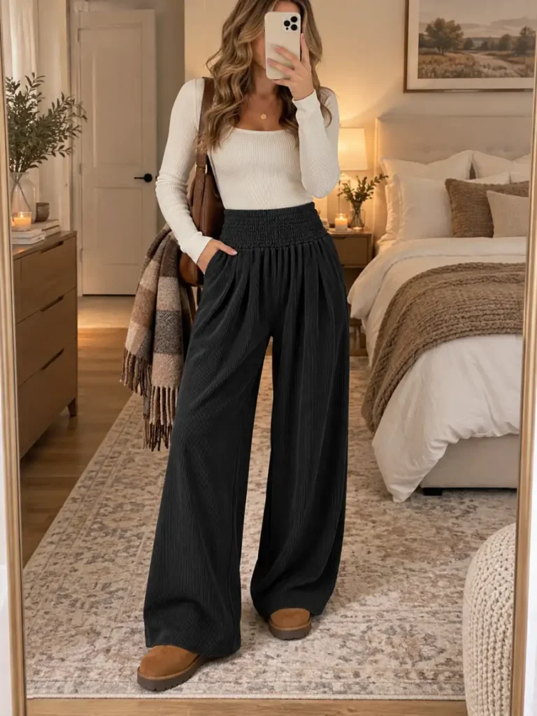 Woman wearing black ribbed corduroy wide-leg pants with a cream square-neck top, tan suede shoes, a brown shoulder bag, and a plaid fringe scarf for a comfy Thanksgiving outfit.