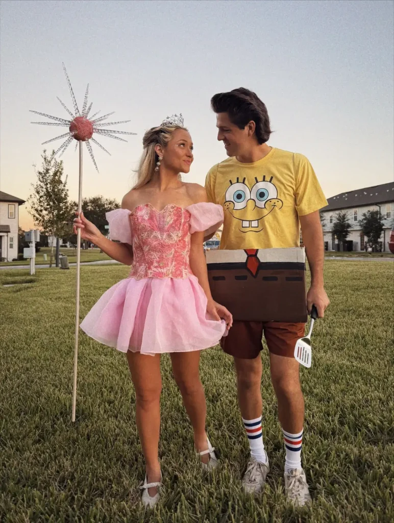 Couple dressed as SpongeBob and a pink fairy princess for a playful Halloween costume idea.