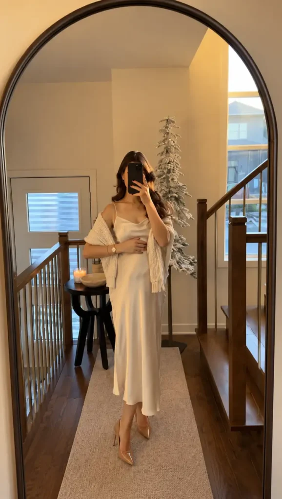 Pregnant woman wearing an elegant ivory satin midi slip dress with a cream knit shawl and nude pointed heels for a dressy Thanksgiving celebration.