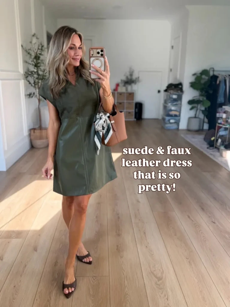 Woman wearing an olive green suede-look and faux leather mini dress with pointed open-toe heels and a tan handbag for a chic fall dinner outfit.