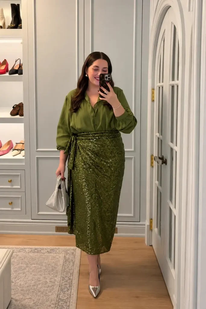 Woman wearing an olive-green blouse with a matching sequin wrap midi skirt, silver heels, and a metallic handbag for a festive Christmas party look.