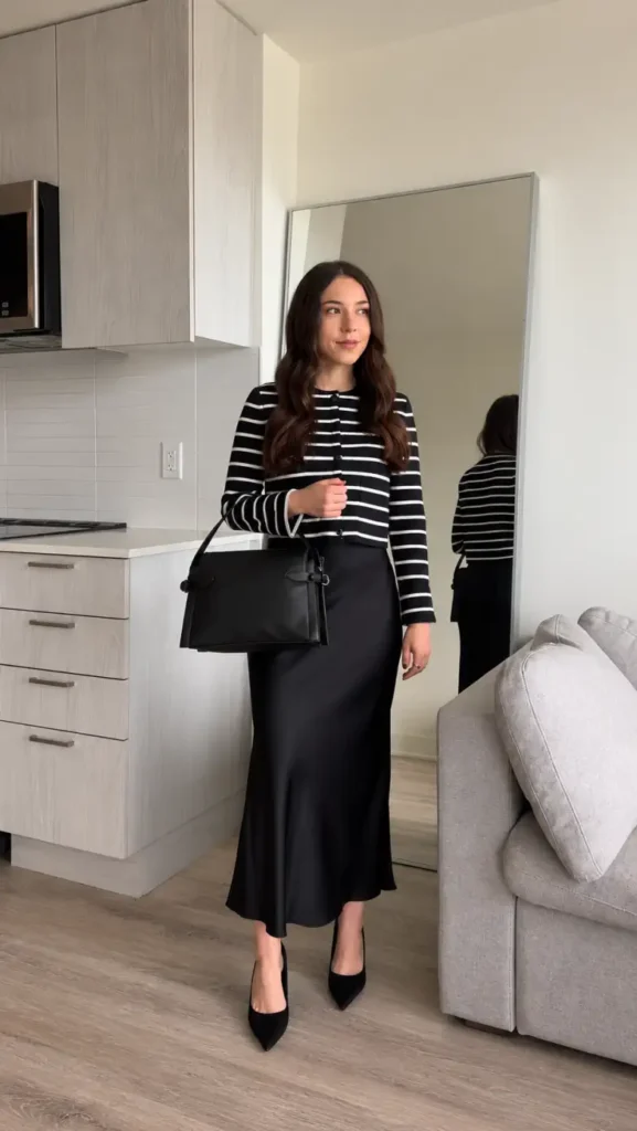Petite woman wearing a black and white striped cardigan with a long black satin skirt, pointed black pumps, and a structured black handbag.