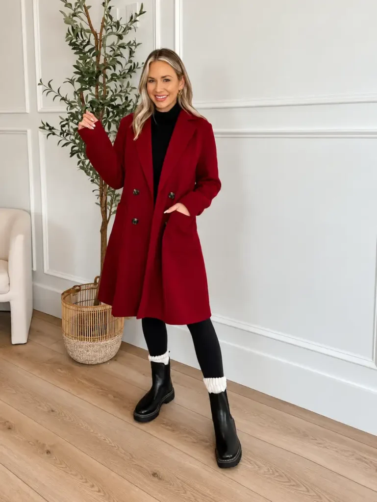 Woman wearing a bright red double-breasted coat over a black turtleneck and leggings, styled with white scrunched socks and chunky black ankle boots for a cute winter outfit.