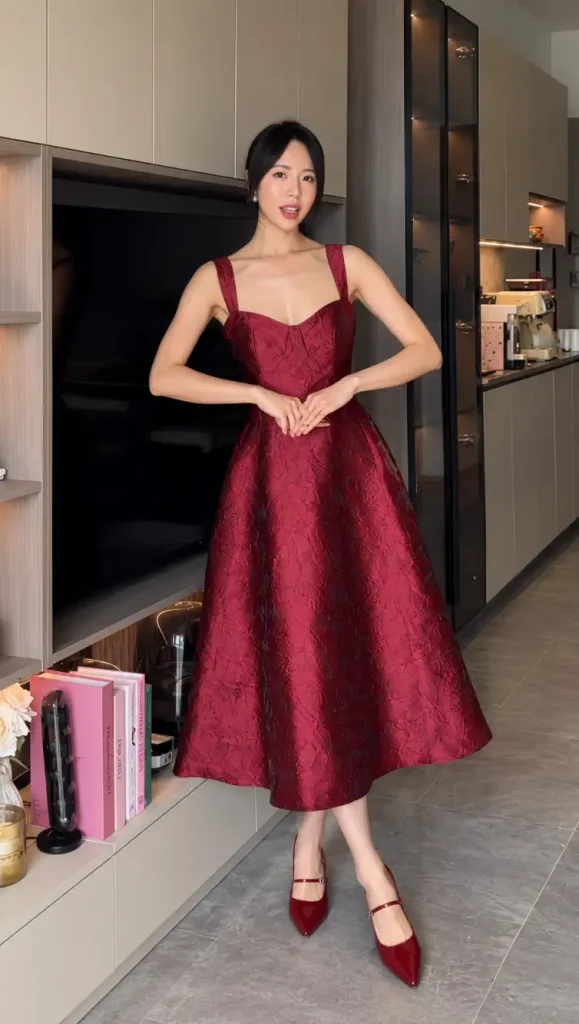 Woman wearing a ruby red jacquard midi dress with a sweetheart neckline, structured A-line skirt, and matching red Mary Jane heels for a classy holiday party outfit.