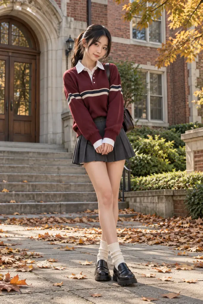 Asian teen girl wearing a burgundy rugby sweater over a white collared shirt, charcoal pleated mini skirt, and black loafers for a preppy Thanksgiving outfit.