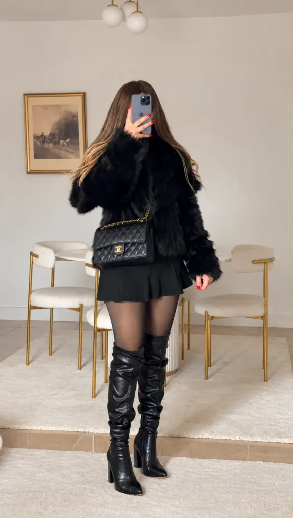 Woman wearing an oversized black faux-fur jacket with a black mini skirt, sheer tights, tall slouchy leather boots, and a quilted shoulder bag for a dressy winter outfit.