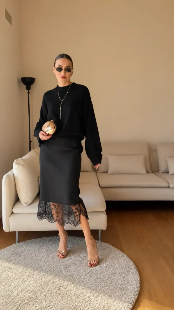 Woman styling a black oversized sweater with a black satin midi skirt featuring a sheer lace hem, gold strappy heels, and a metallic clutch.