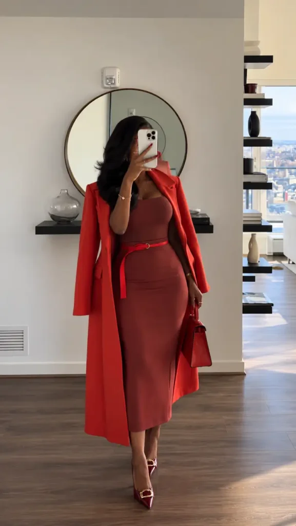 Elegant Black woman wearing a bright red-orange long coat over a fitted terracotta brown midi dress, styled with a red belt, matching handbag, and burgundy pointed heels.