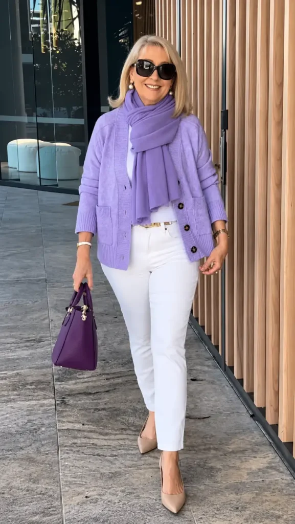 Stylish woman over 50 wearing a lavender knit cardigan with a matching scarf, white trousers, nude heels, and a purple handbag for a classy winter outfit.