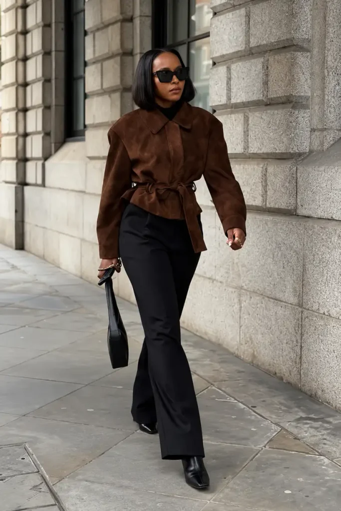 Black woman wearing a chocolate brown belted jacket over a black top with flared trousers, pointed boots, and a black shoulder bag for fall workwear.