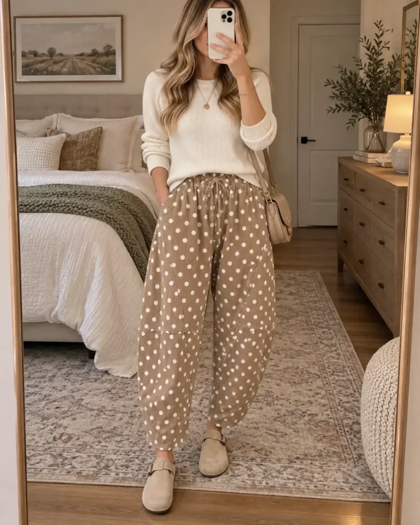 Woman wearing tan polka dot barrel pants with a slouchy cream knit sweater, taupe suede clogs, and a beige crossbody bag for a relaxed friendsgiving outfit.