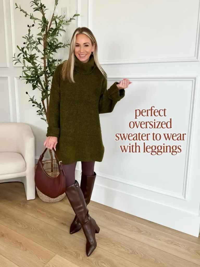 Woman wearing an oversized olive green turtleneck sweater with chocolate brown leggings, knee-high brown boots, and a matching handbag for a casual cold-weather Thanksgiving look.