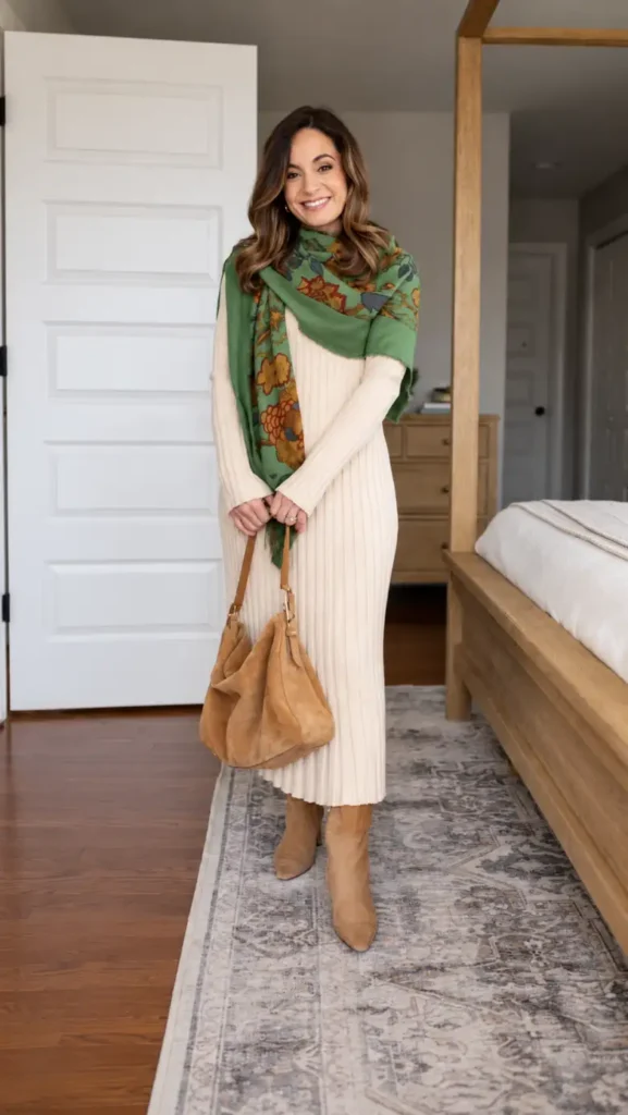 Petite woman wearing a cream ribbed knit midi dress with a green printed scarf, tan suede ankle boots, and a soft tan handbag for fall.
