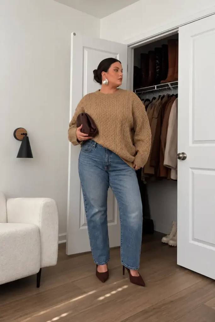 Plus size woman wearing a chunky camel cable-knit sweater with relaxed blue jeans, burgundy pointed heels, and a brown clutch for a casual Thanksgiving outfit.