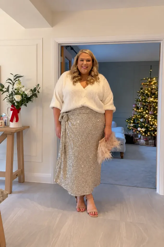 Plus-size woman pairing a fluffy ivory cardigan with a champagne sequin wrap midi skirt, nude heels, and a pale pink feather clutch for a cozy Christmas party outfit.