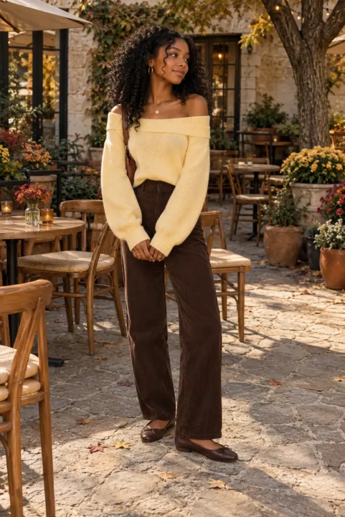 Black teen girl wearing a butter yellow off-shoulder sweater, chocolate brown corduroy trousers, and brown ballet flats for a trendy fall Thanksgiving outfit.