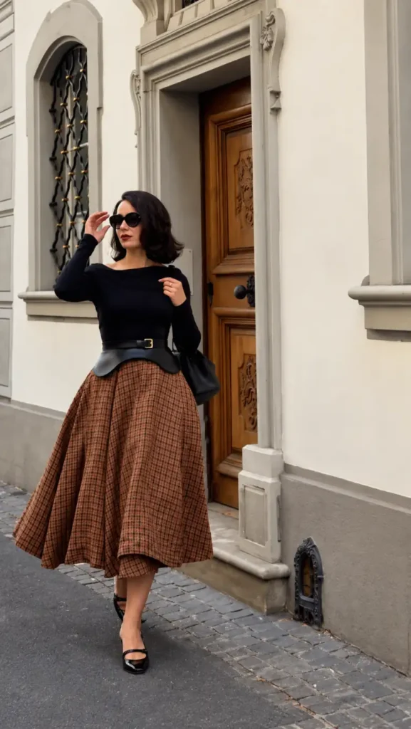 Black fitted knit top with a full brown plaid midi skirt, waist belt, black Mary Jane heels, and black handbag.