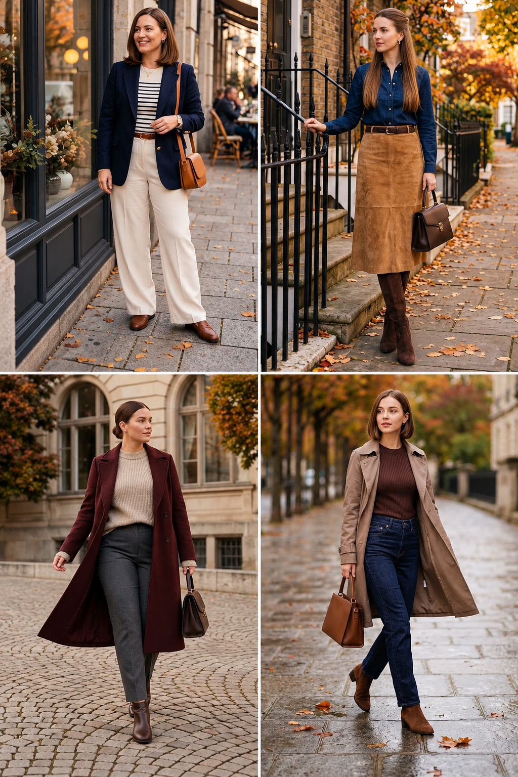 Four fall outfits for women featuring a navy blazer with cream trousers, denim shirt with suede skirt, burgundy coat with tailored pants, and trench coat with jeans.