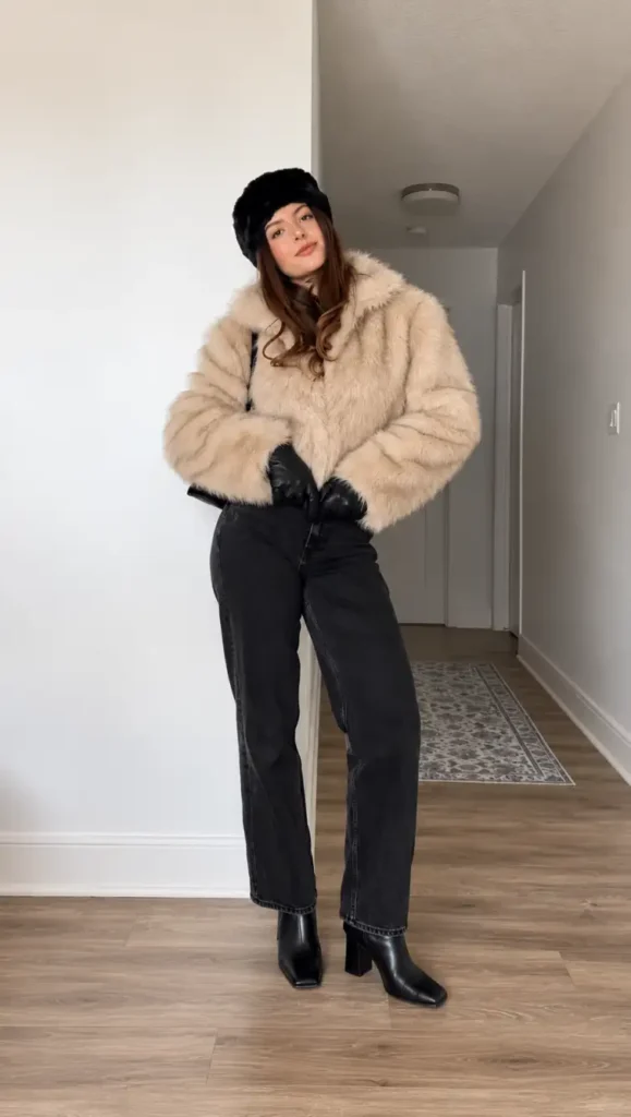 Woman styling a beige faux-fur jacket with charcoal-black straight-leg jeans, black heeled ankle boots, leather gloves, and a fuzzy black hat for a cozy winter outfit.