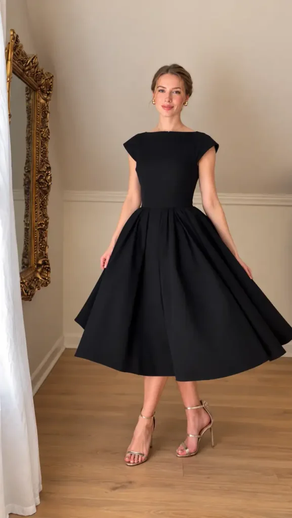 Woman wearing a classy black fit-and-flare midi dress with cap sleeves, a fitted waist, a full pleated skirt, and metallic strappy heels for an elegant evening party.