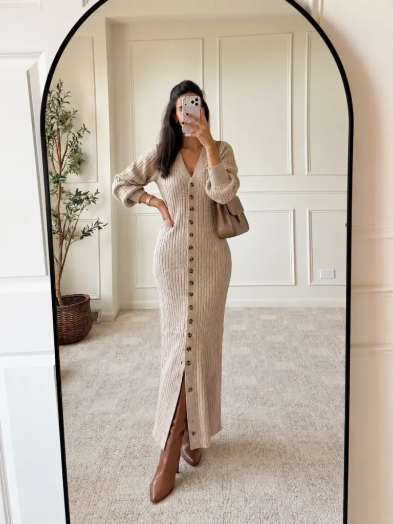 Woman wearing an oatmeal ribbed button-front maxi sweater dress with brown knee-high boots and a taupe shoulder bag for a cozy, classy fall outfit.