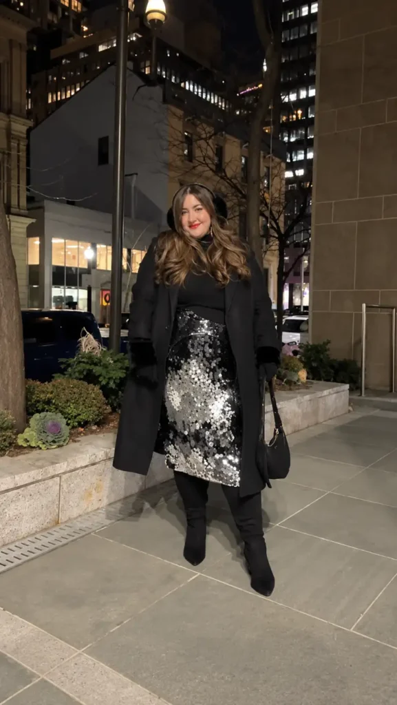 Plus size woman wearing a silver sequin midi skirt with a black top, long black coat, gloves, and knee-high boots for a glamorous fall evening look.